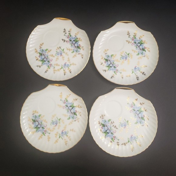 Set of 4 Crown Royal Japan Blue Flower Vintage Snack Plates with Gold edge Shell - Picture 1 of 4